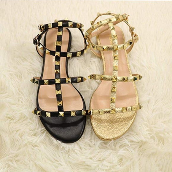 Studded Summer T Strap Sandals Flats Vacation - Picture 6 of 6